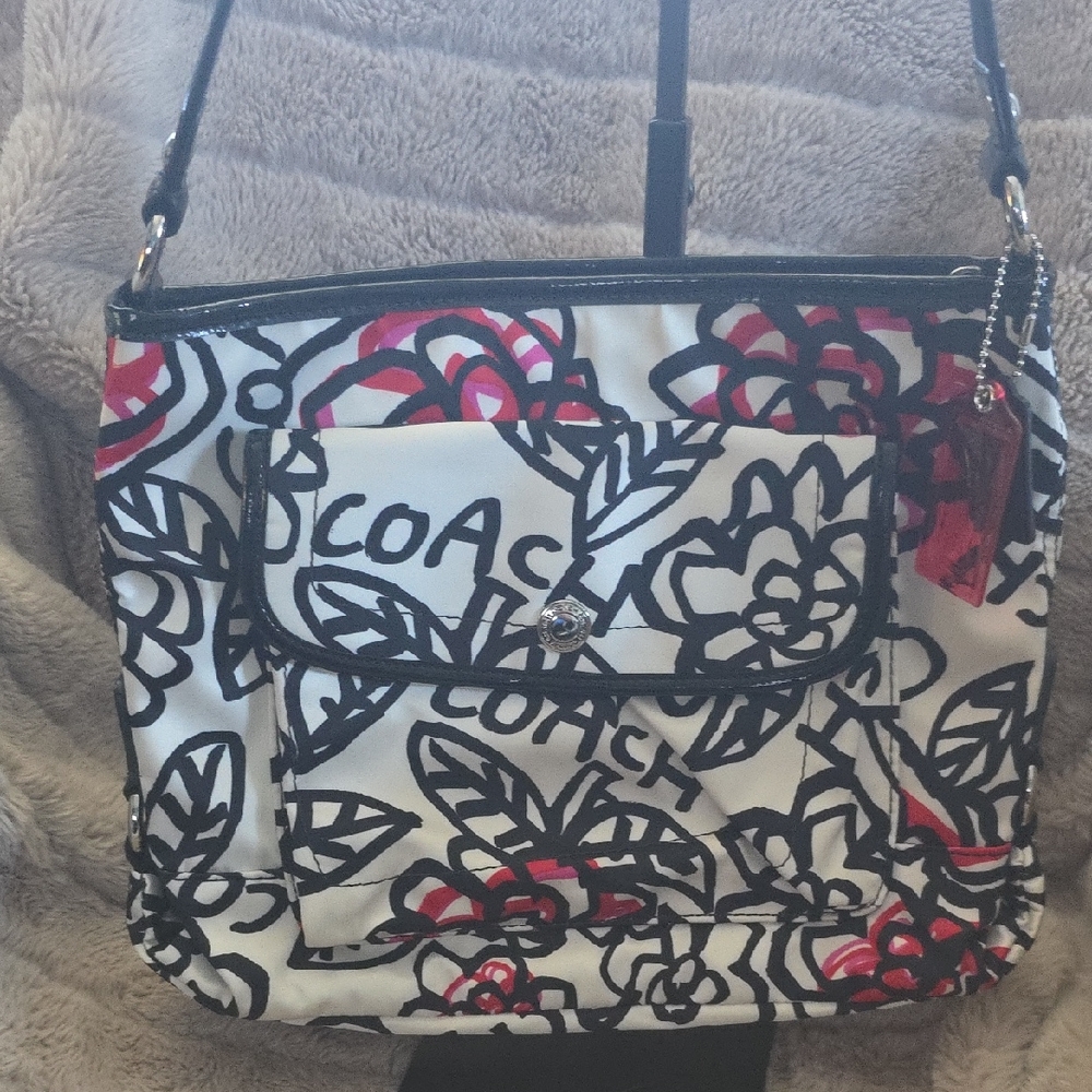Coach Graphic Floral Shoulder Bag - Red, Black, and White